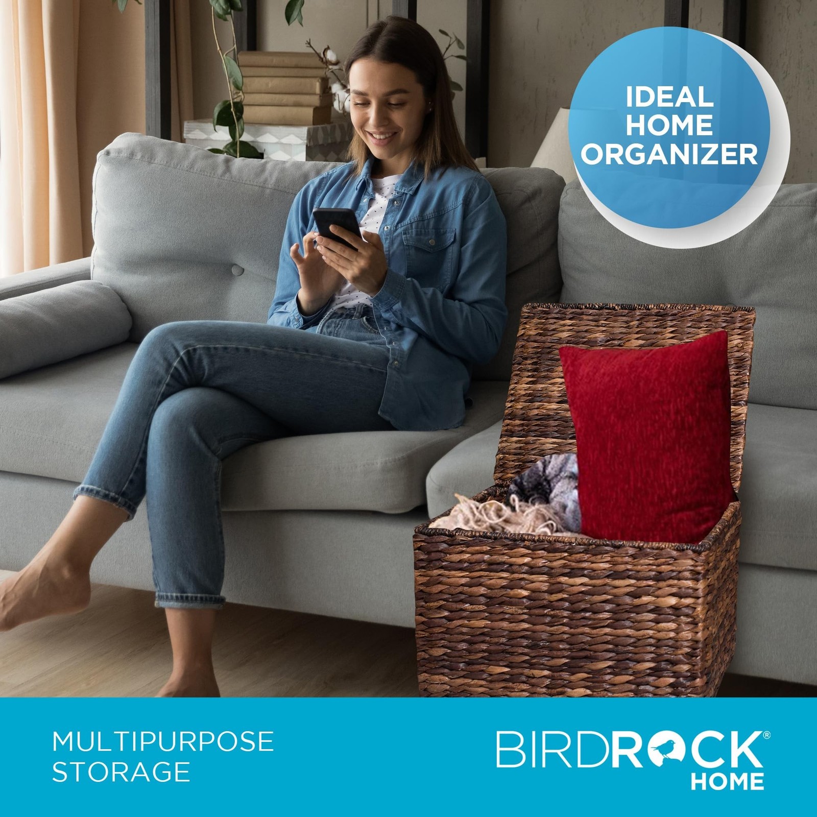 BIRDROCK HOME Seagrass Rolling File Cabinet - Storage Organizer Box with Lid ...