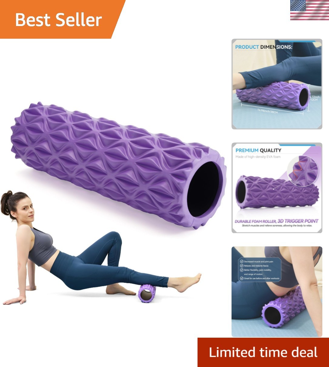 Purple Foam Roller - 15 Inch Portable Deep Tissue Massager for Yoga & Fitness