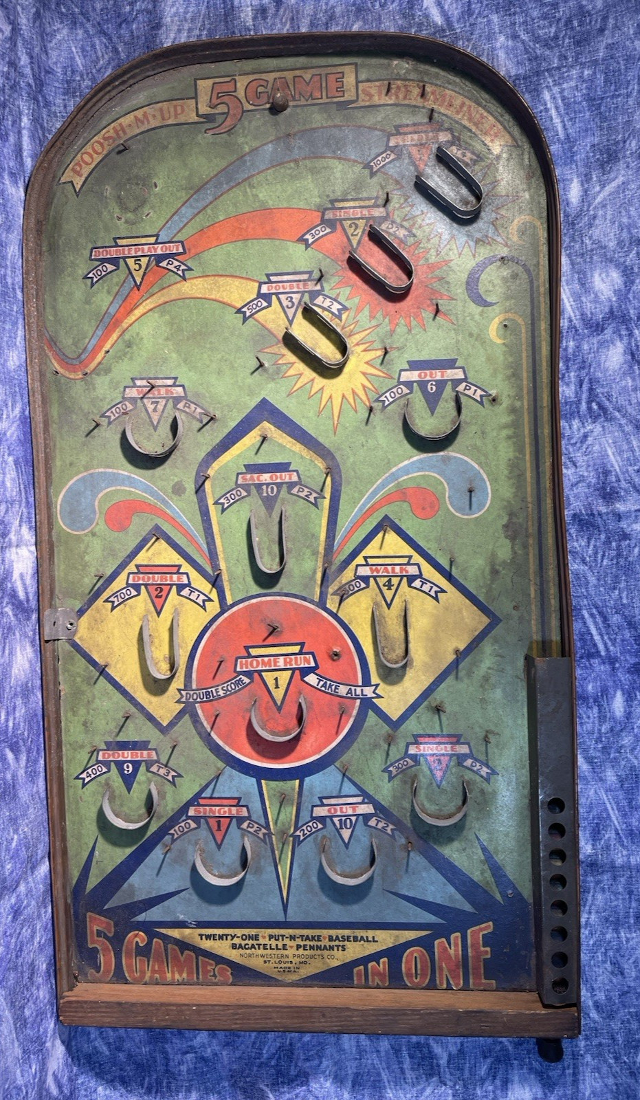 Poosh M Up  5 Game in One  Streamliner Pinball Bagatelle 12" X 22"