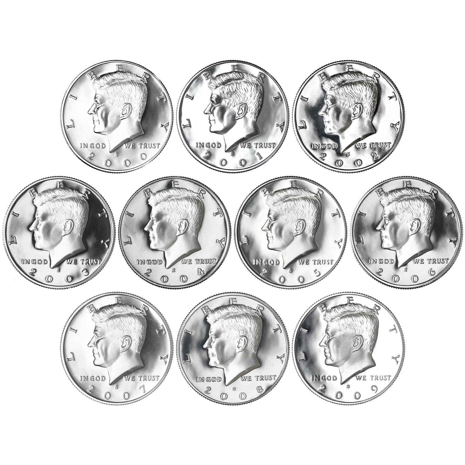 2000-2009 S Kennedy Half Dollar Gem DCam Proof Run 10 Coin Set CN-Clad