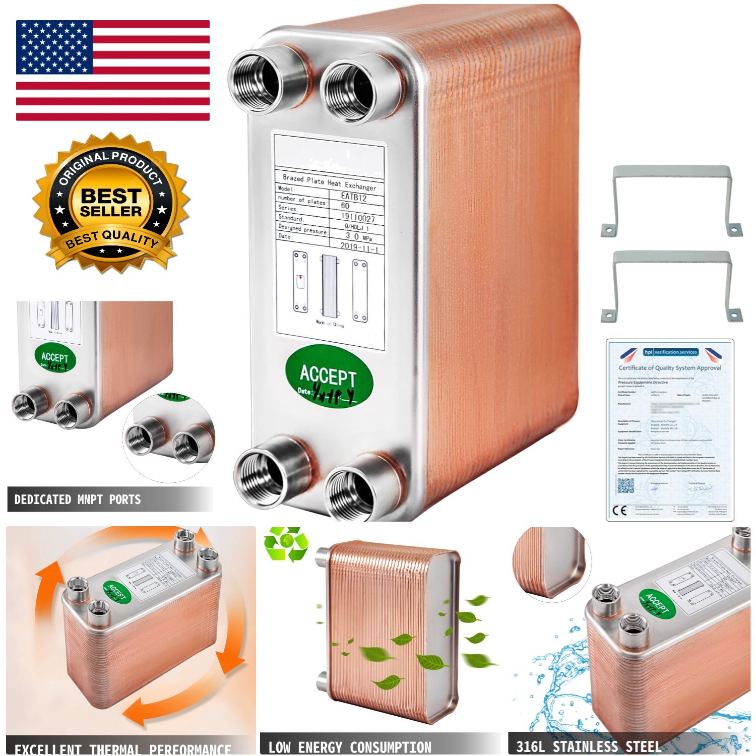 Efficient 3x7.5" 60 Plate Brazed Stainless Steel Heat Exchanger for Brewing