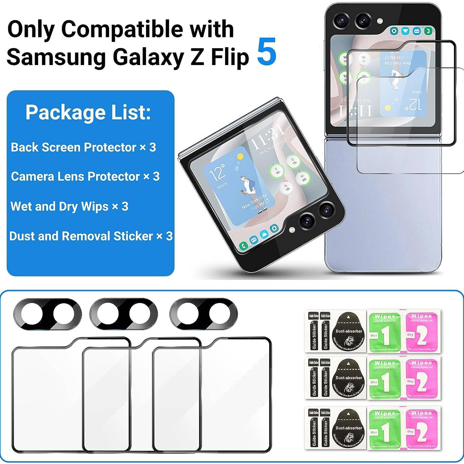 For Samsung Galaxy Z Flip5 Front Screen Protector + Camera Lens Protector 3 Pack