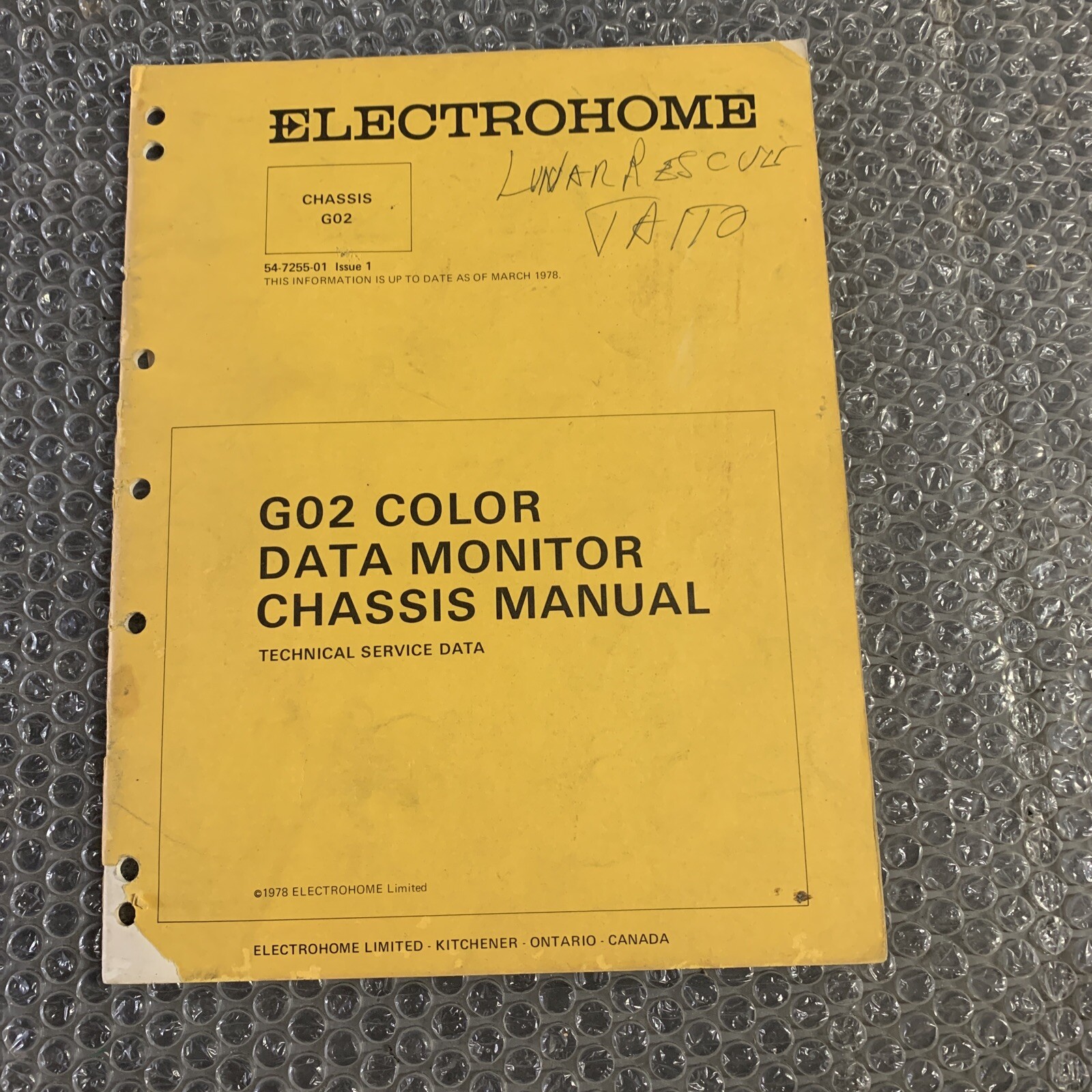 original Electrohome G02 Monitor Arcade video Game manual g02