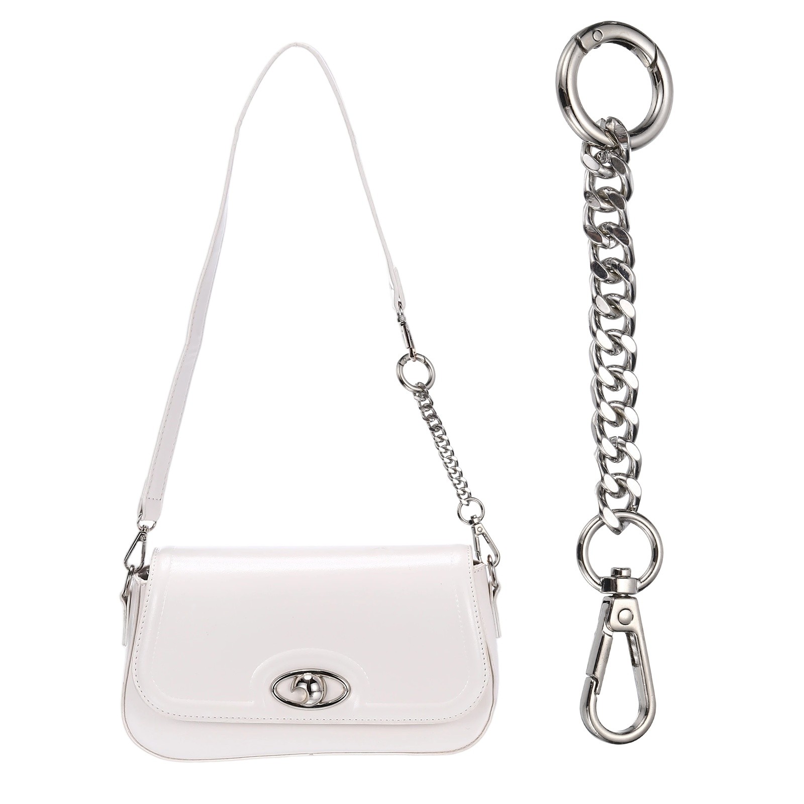 6" Chunky Metal Purse Strap with Spring Buckle Silver White 0.4" Width