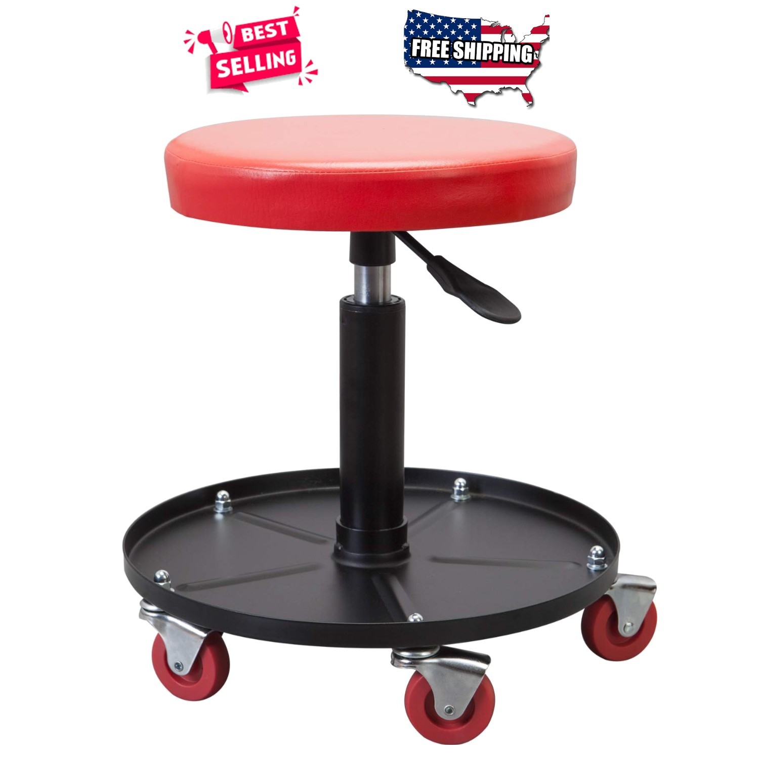 Rolling Mechanic Creeper Seat Adjustable Pneumatic Shop Stool with Tool Tray Red