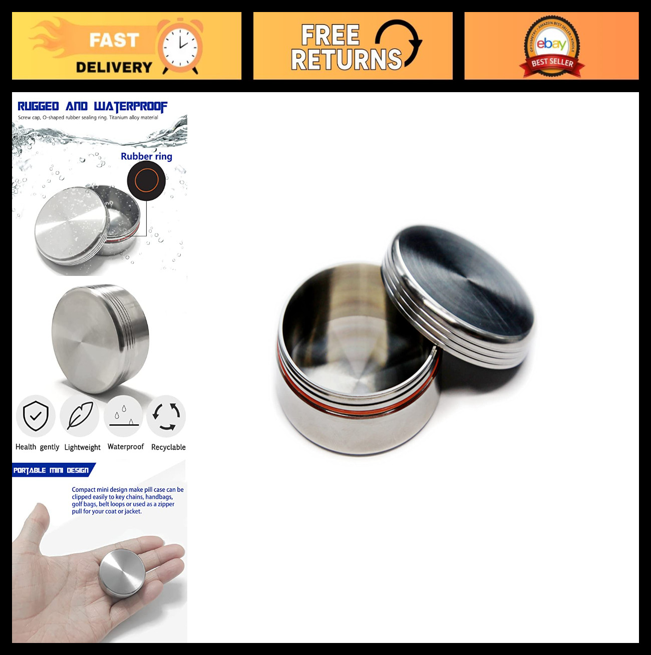 Waterproof Titanium Pill Case - EDC Capsule Holder, Pocket Metal Box for Camping