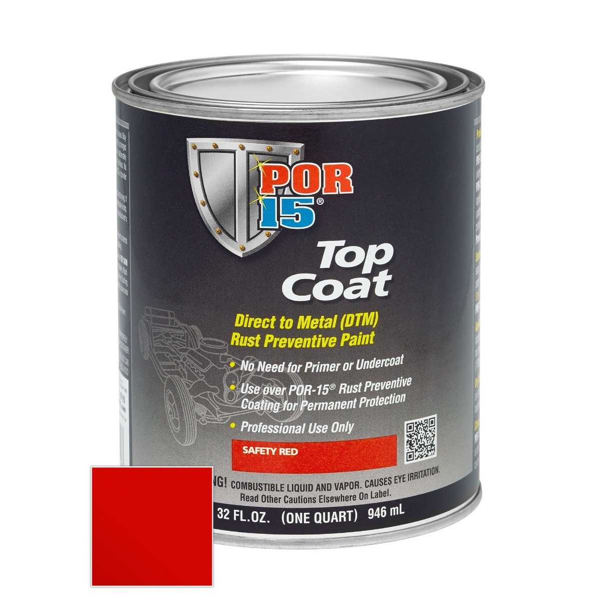 POR-15 INC 46104 Top Coat DTM Paint, 1 qt Can, Safety Red, Liquid, 30 to 60 min