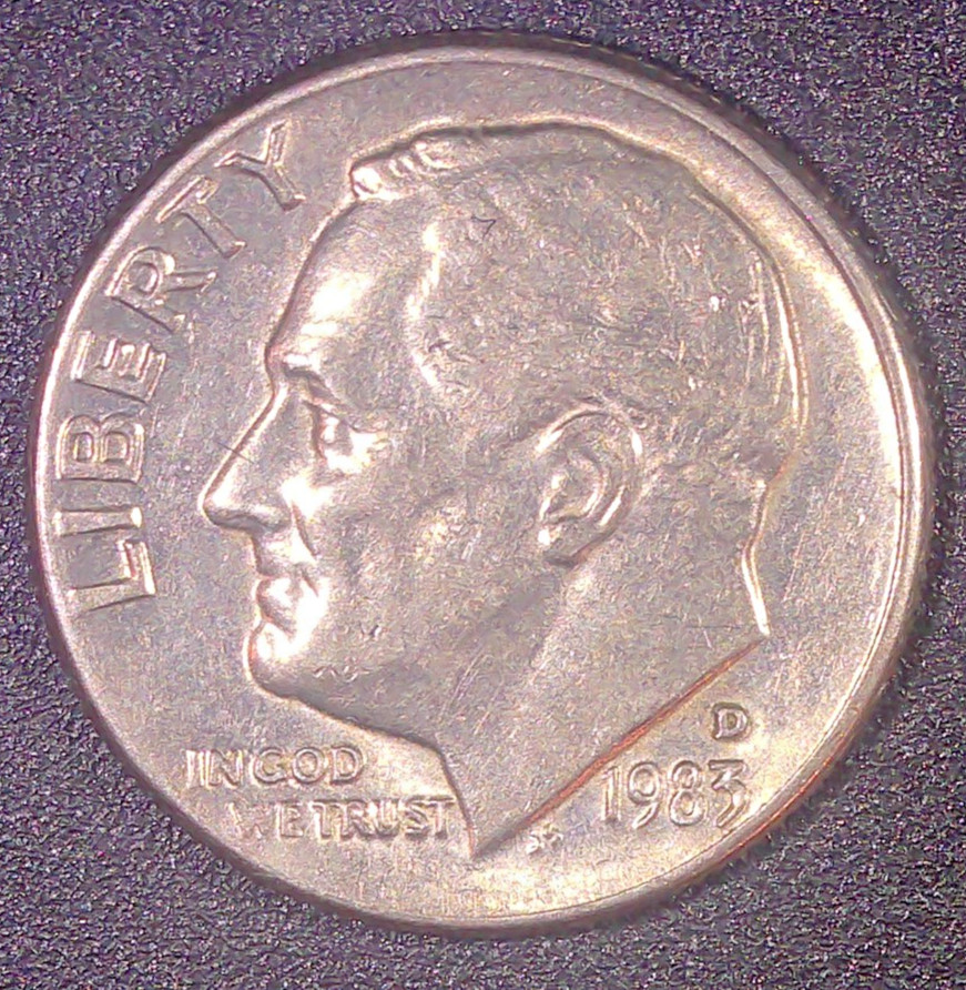 1983-D Roosevelt Dime 10C Misaligned Die Strike Obverse Circulated Denver Mint