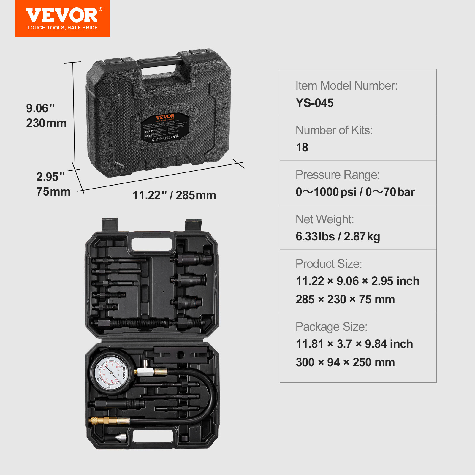 VEVOR Diesel Engine Cylinder Compression Tester Pressure Test Tool Kit 18 PCS