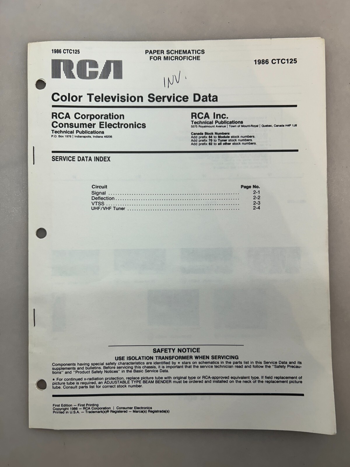 RCA CTC125 Original Schematics Free Shipping