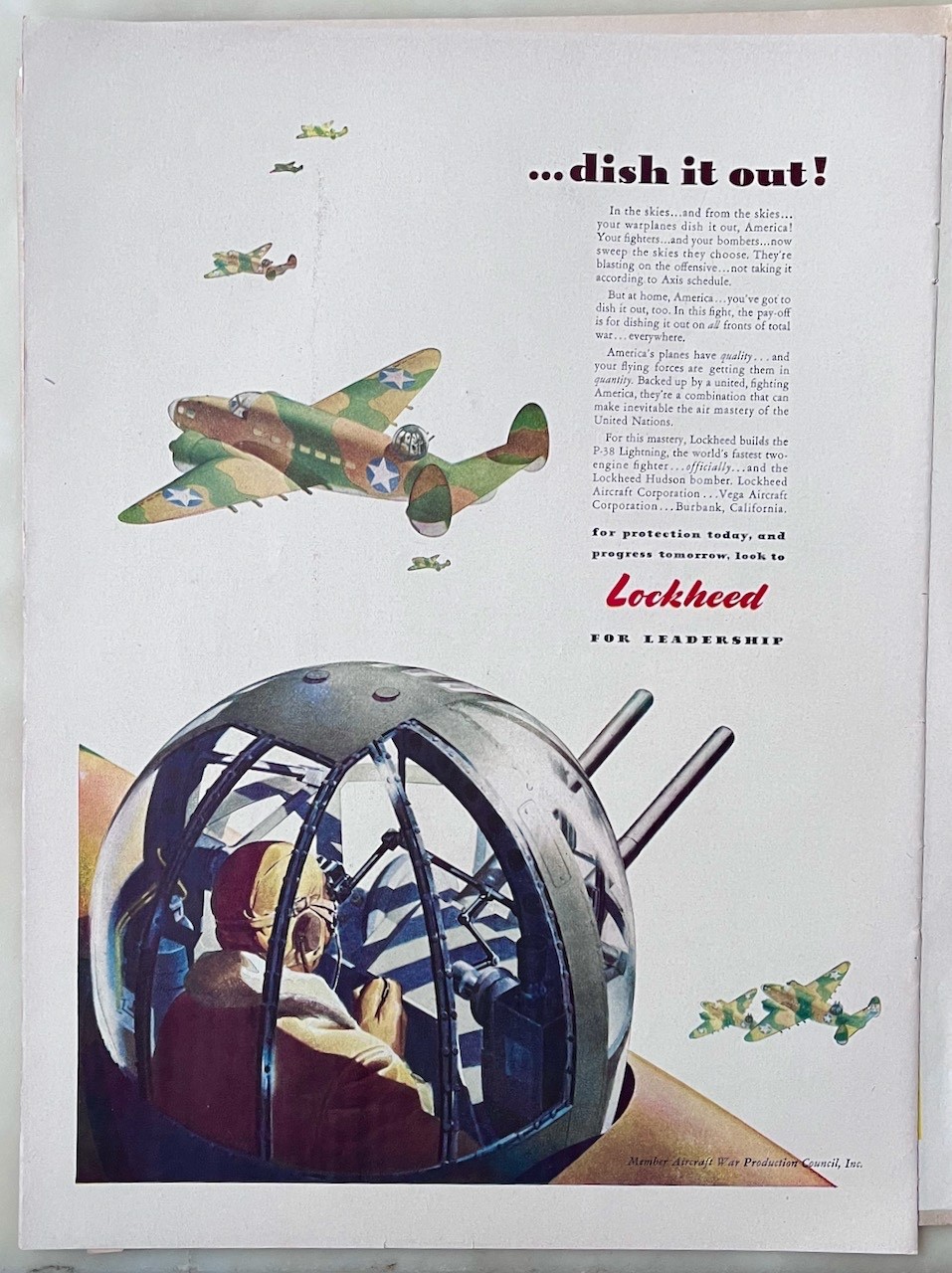 1942 magazine ad for Lockheed - Dish it out! P-38 Lightning plane in WW2