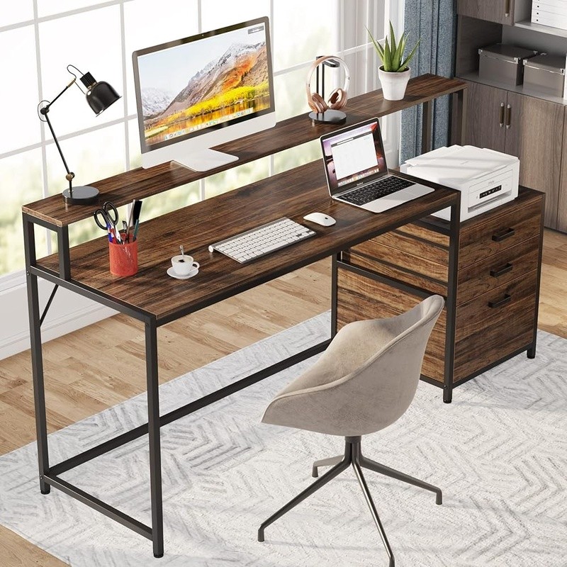 Ergonomic Computer Desk W/ Storage Cabinet Two-Tier Workstation Organizer New