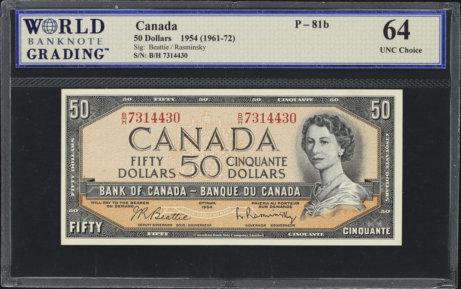 BANK OF CANADA  1954 50 DOLLARS, PICK-81b, WORLD BANKNOTE, CERTIFIED CU-64