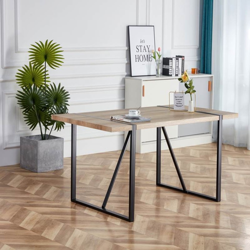 Rectangular dining table with a 1.5-inch thick wooden tabletop and metal legs