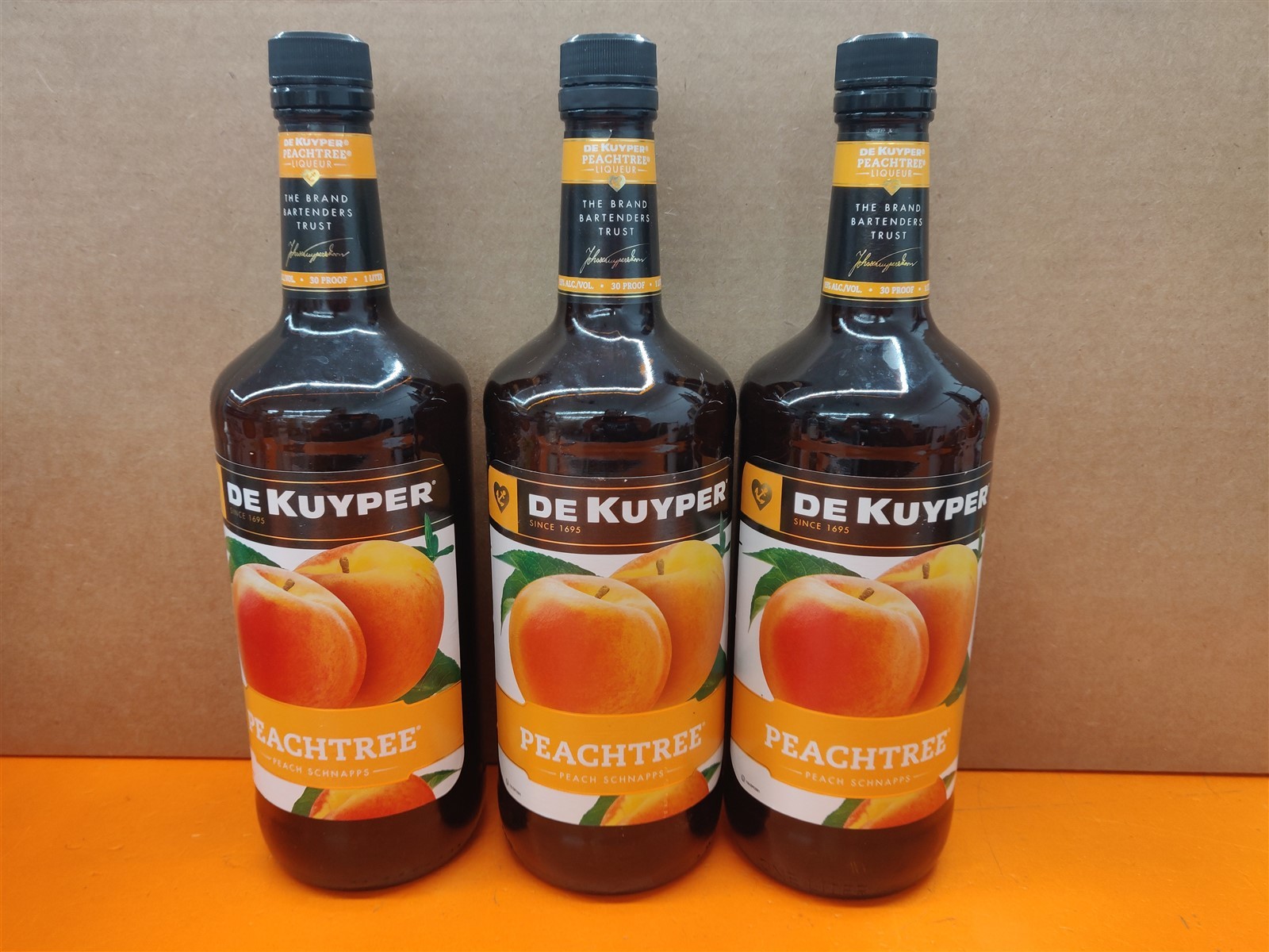 ⭐️⭐️⭐️⭐️⭐️ *Lot of 3* EMPTY 1L DeKuyper Peachtree Schnapps Brown Glass Bottle