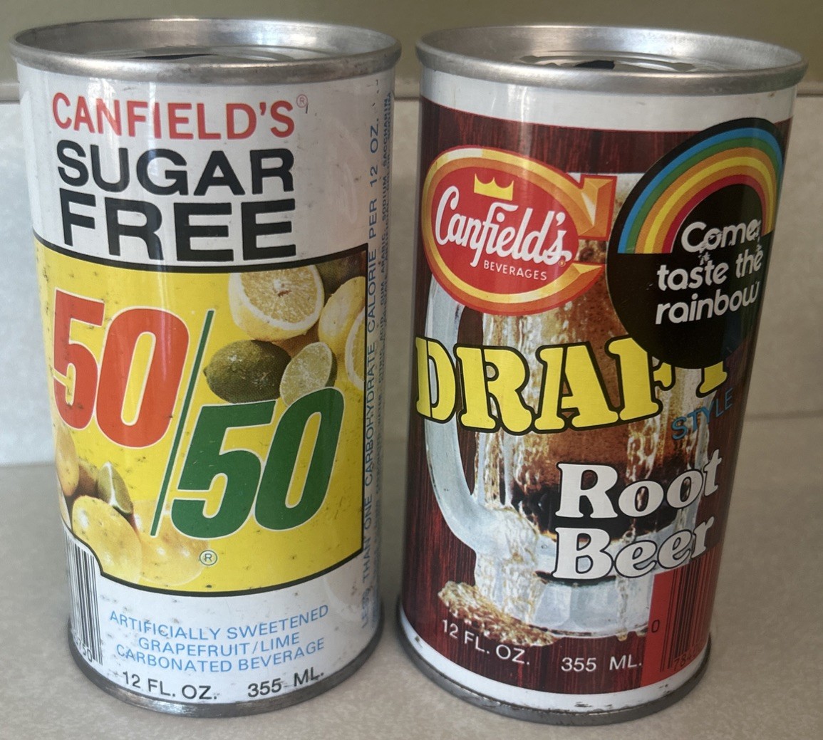 Vtg CANFIELD’S Sugar Free 50/50 & Draft Root Beer Empty 12oz. Steel Soda Cans
