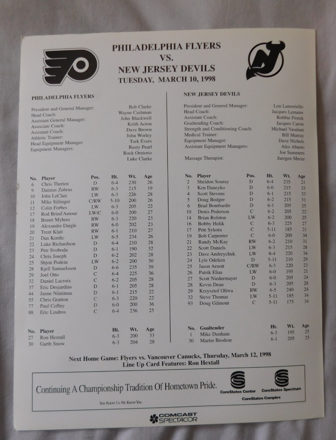 Philadelphia Flyers Vs Florida Panthers Program March 10 1998