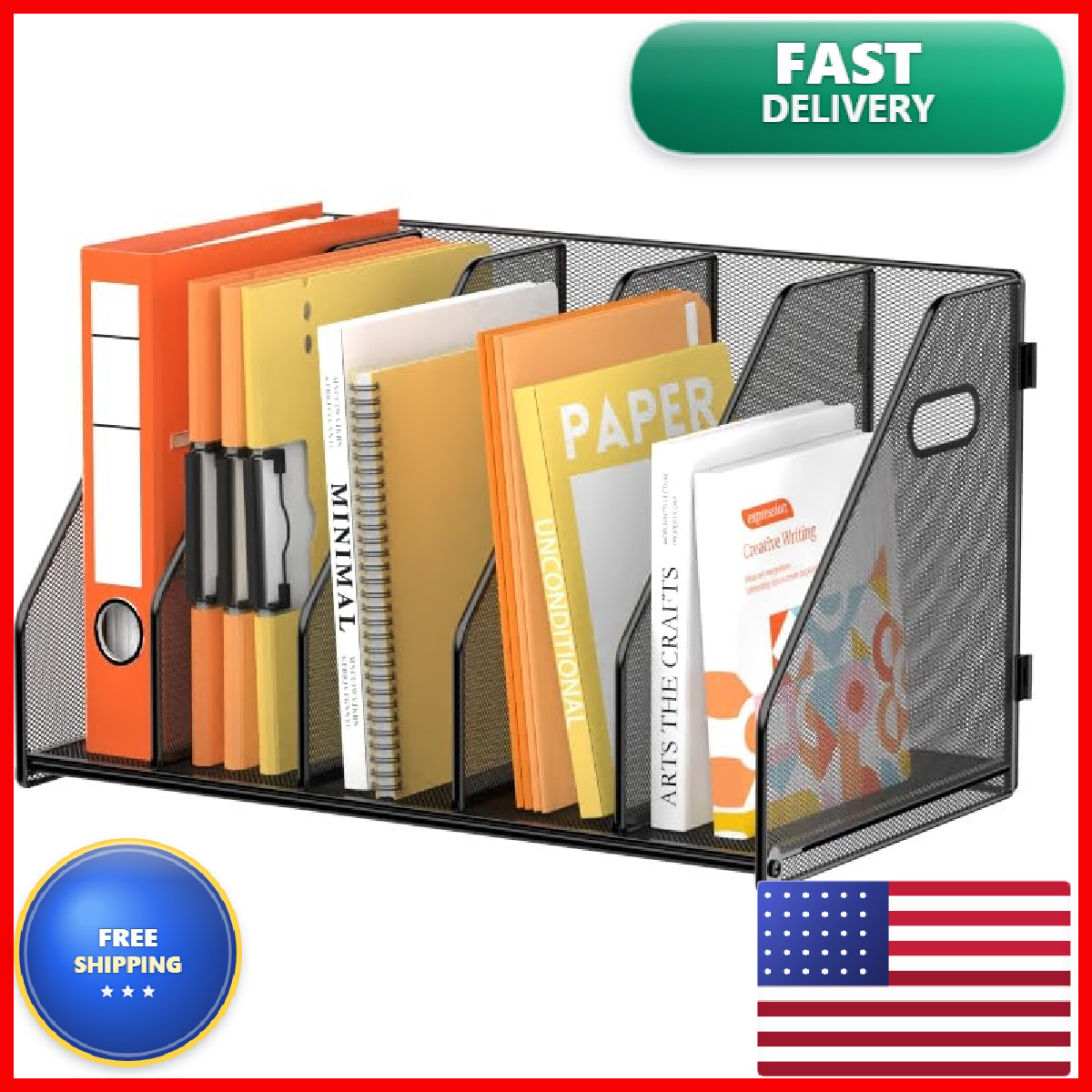 Supeasy Magazine File Holder 5 Vertical Compartments Rack Metal Desk File