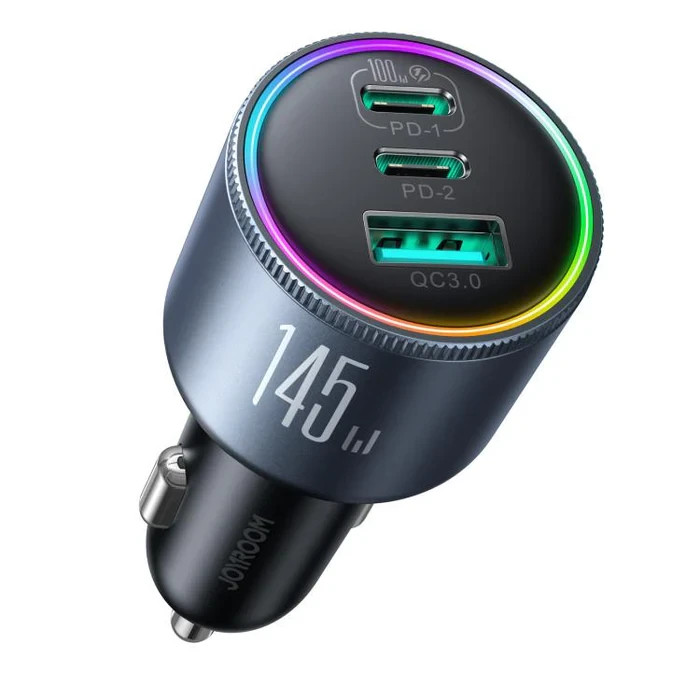 Joyroom CCN07 145W 3-Port Car Fast Charger DarkGrey with C TO C 100W Black Cable