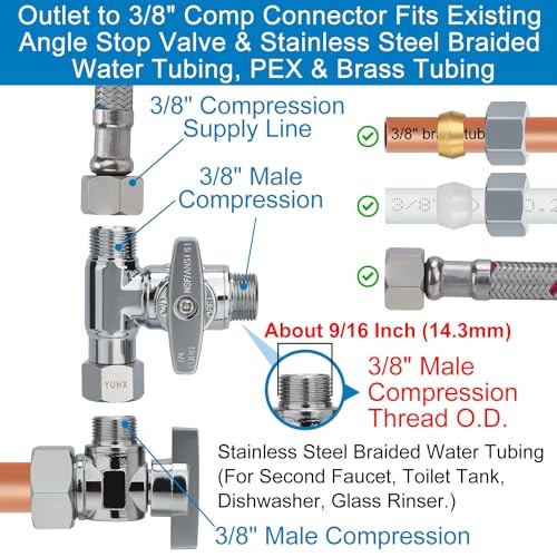 Brass Angle Stop Add-A-Tee Valve,3/8 x 3/8" 3/8x3/8x 3/8 Compression Tee Valve