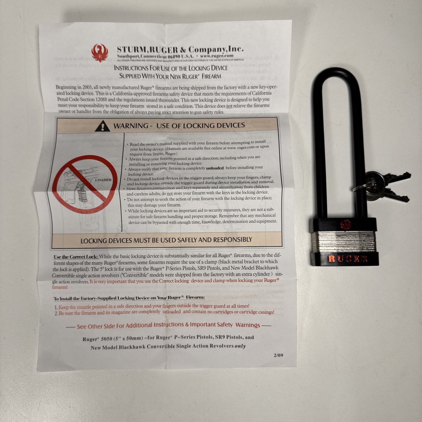 Ruger 5050 Gun Firearm Revolver Pistol Rifle Lock with 2 Keys 5" Shackle New