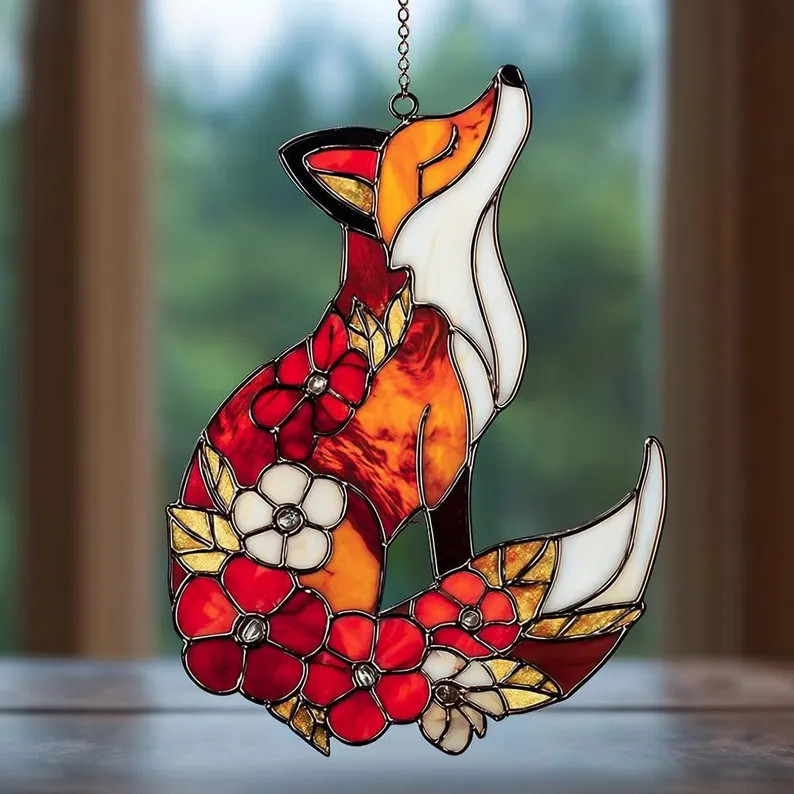 Red Floral Fox Suncatcher Acrylic Window Decor Gift