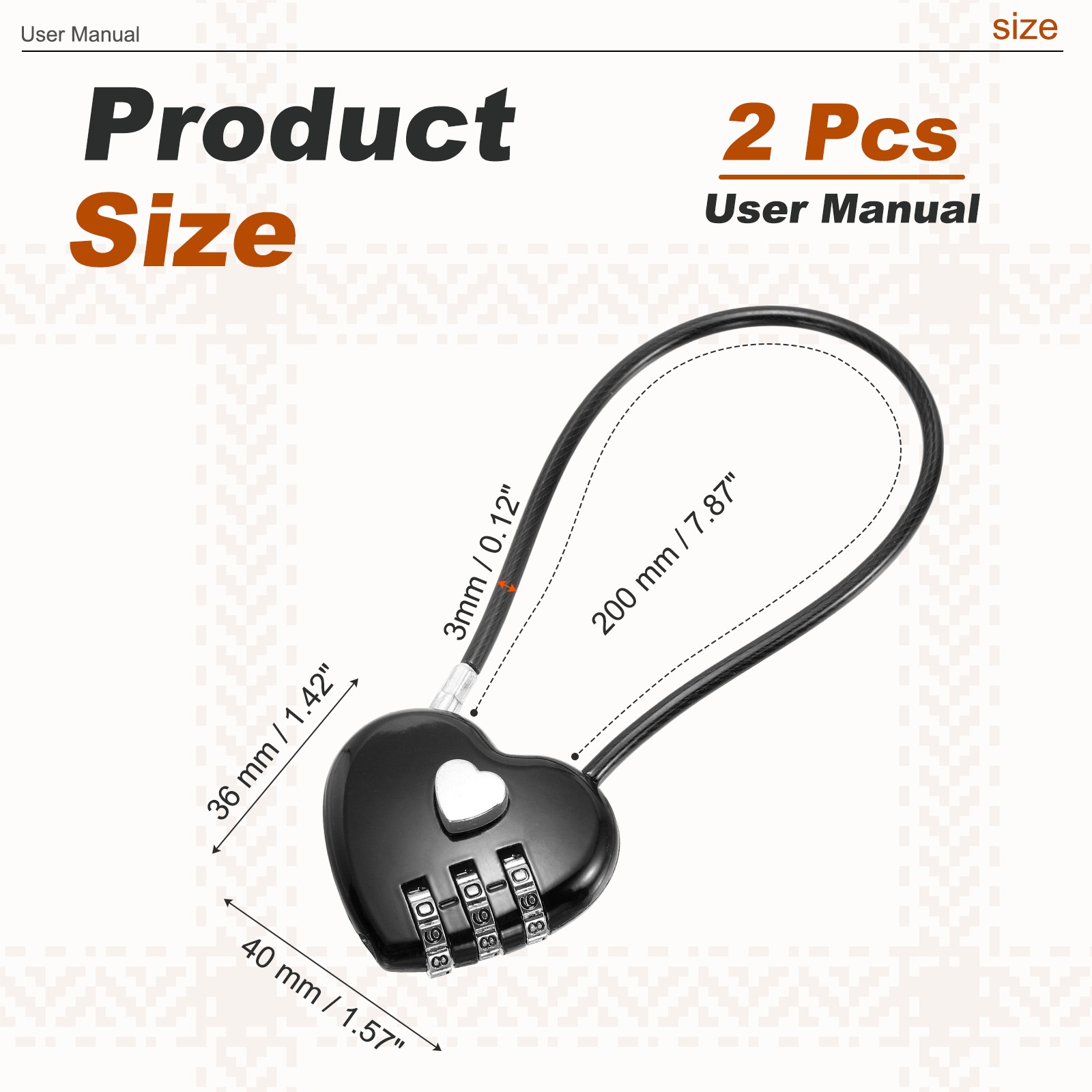Combination Padlock (7.9 Inch, Black)(2 Pcs), 3-Digit Heart Shaped Combo Padlock