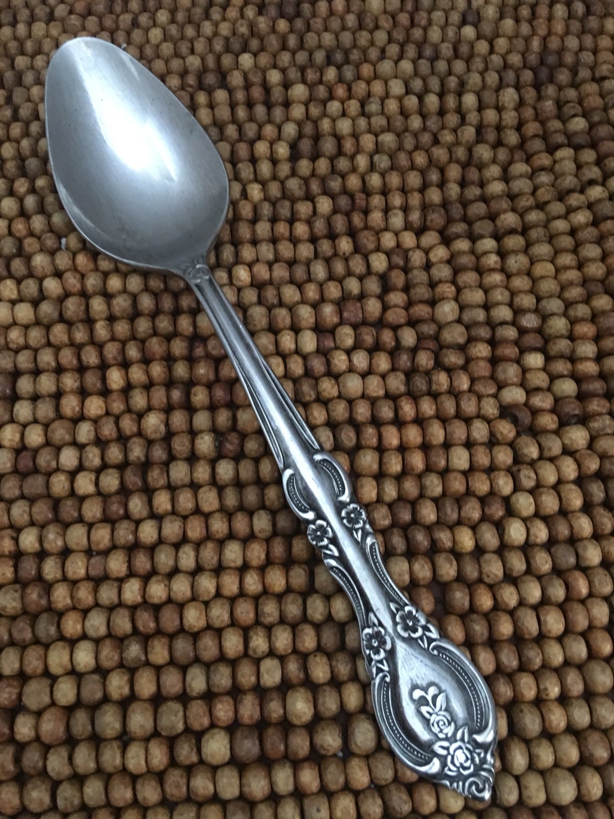 Japan MARSEILLES Satin Stainless Floral Scroll Black Accent PLACE SOUP SPOON 7+”