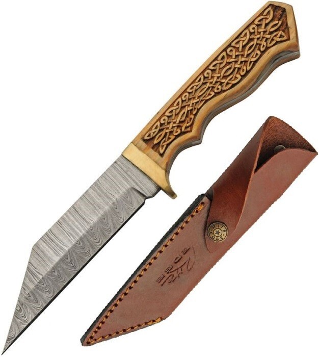 Damascus Celtic Fixed Knife 4.5" Damascus Steel Tanto Blade Brown Wood Handle