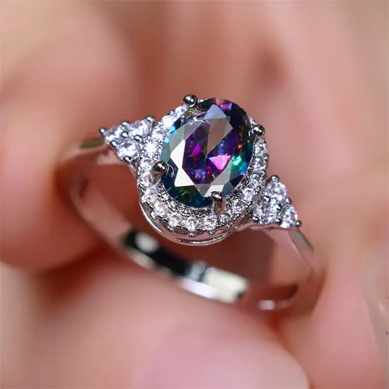 925 Sterling Silver Rainbow Mystical Fire Topaz Wedding Engagement Ring Size 7