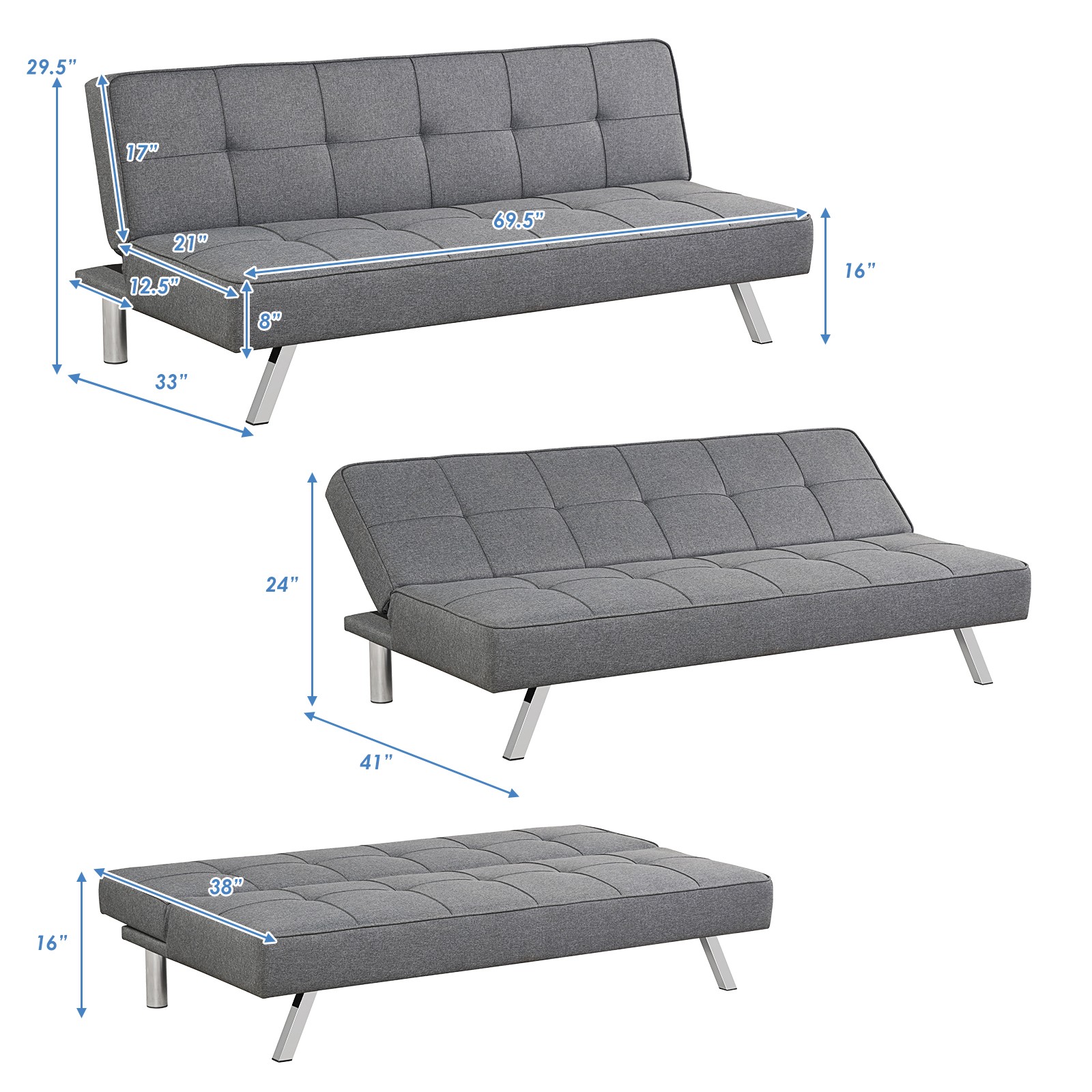 Topbuy 3-Seat Adjustable Sofa Bed Long Sofa with 3 Adjustable Angles for Living