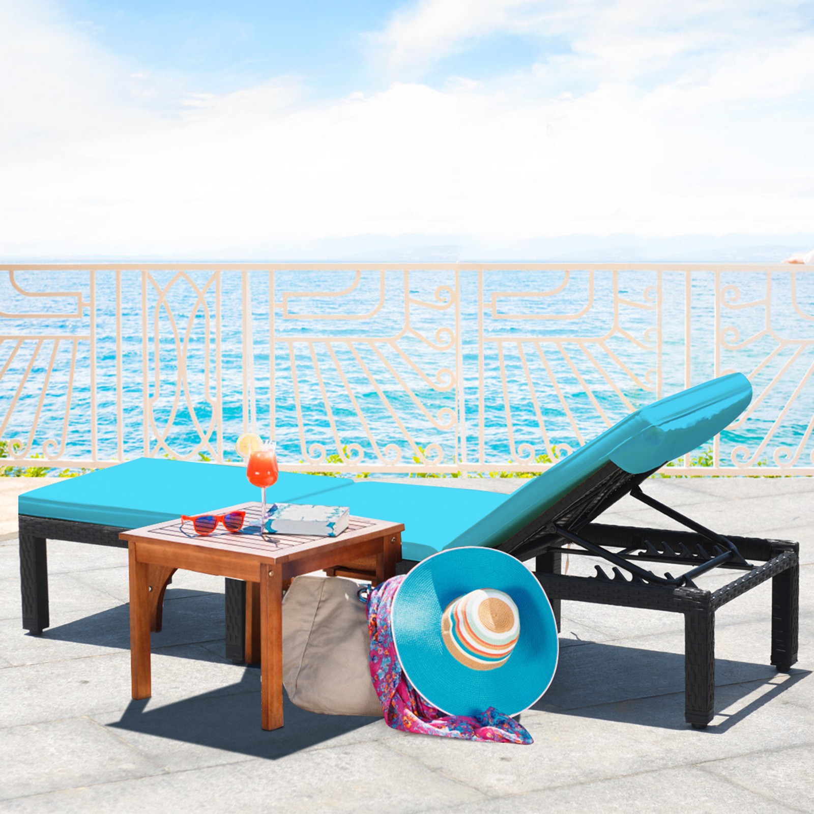 Adjustable Rattan Patio Chaise Lounge Chair Couch w/ Turquoise Cushion