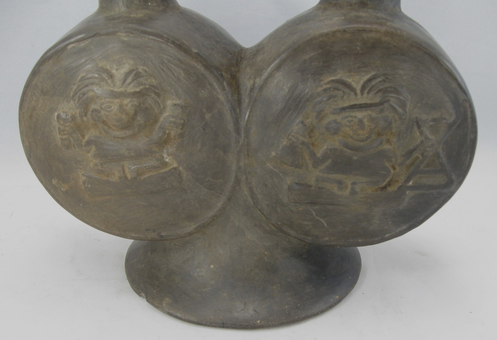 Chimu Blackware Stirrup Bottle with Double Chamber, Inca Influence, Frogs