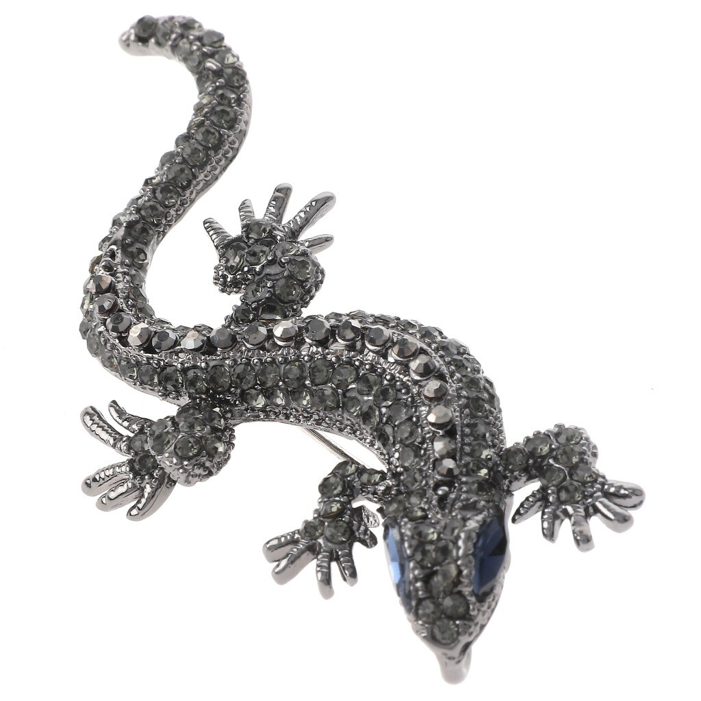 Hermatite Tone Metal Lizzard Brooch With Rhinestone P1393-HBD