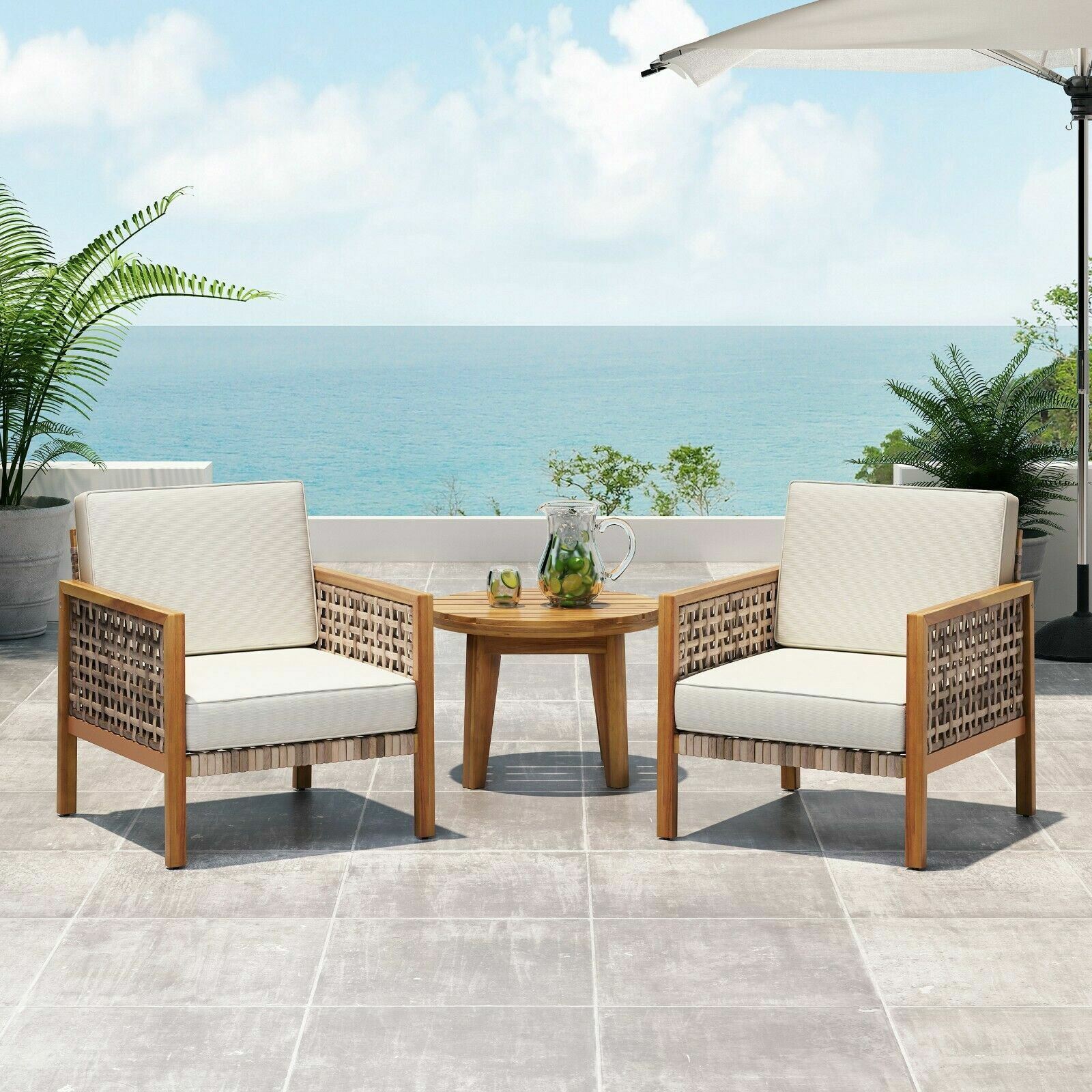Maycen Outdoor Acacia Wood Club Chair with Wicker Accents (Set of 2)
