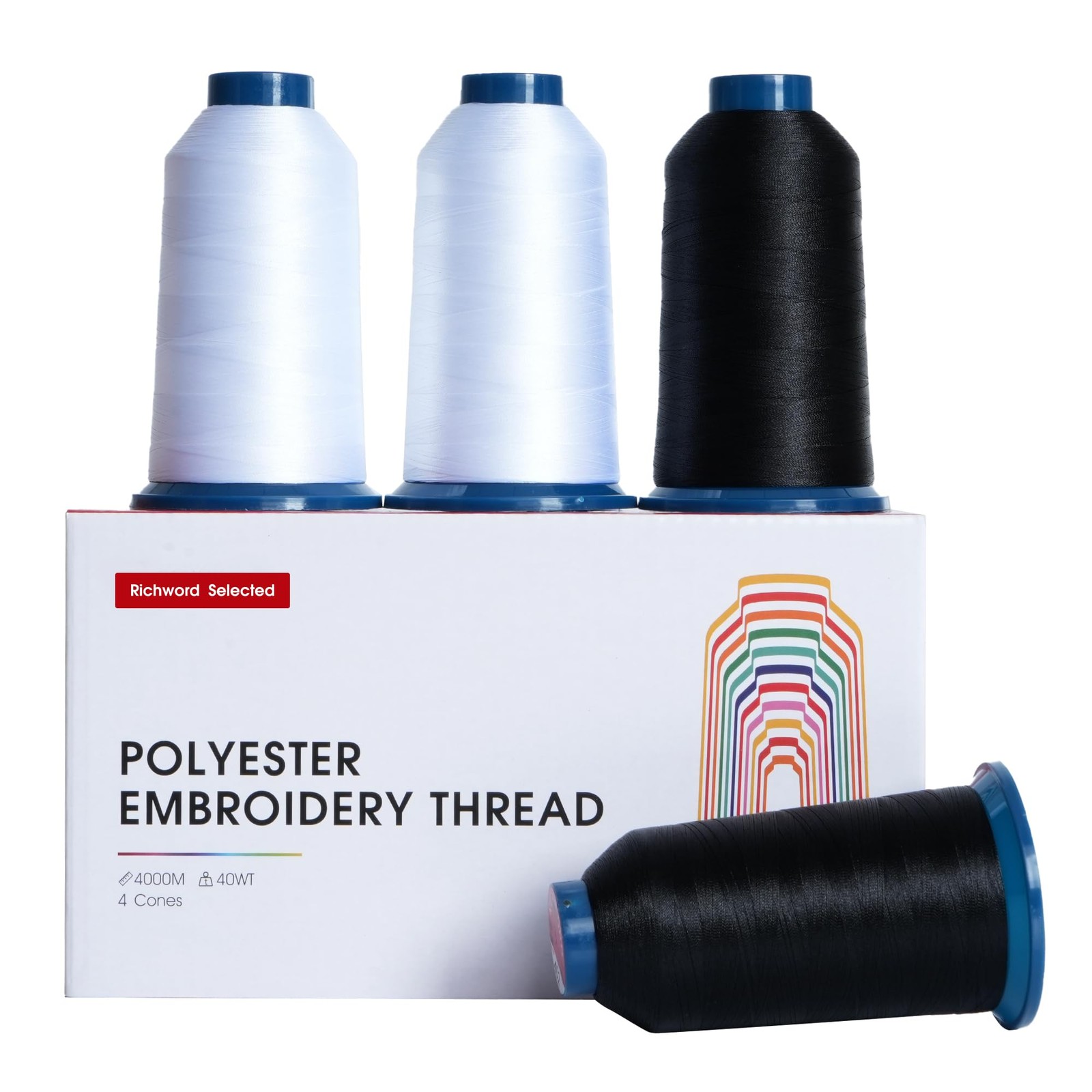 Black and White Embroidery Thread Set – Richword Selected 4 Rolls, 40WT Polye...