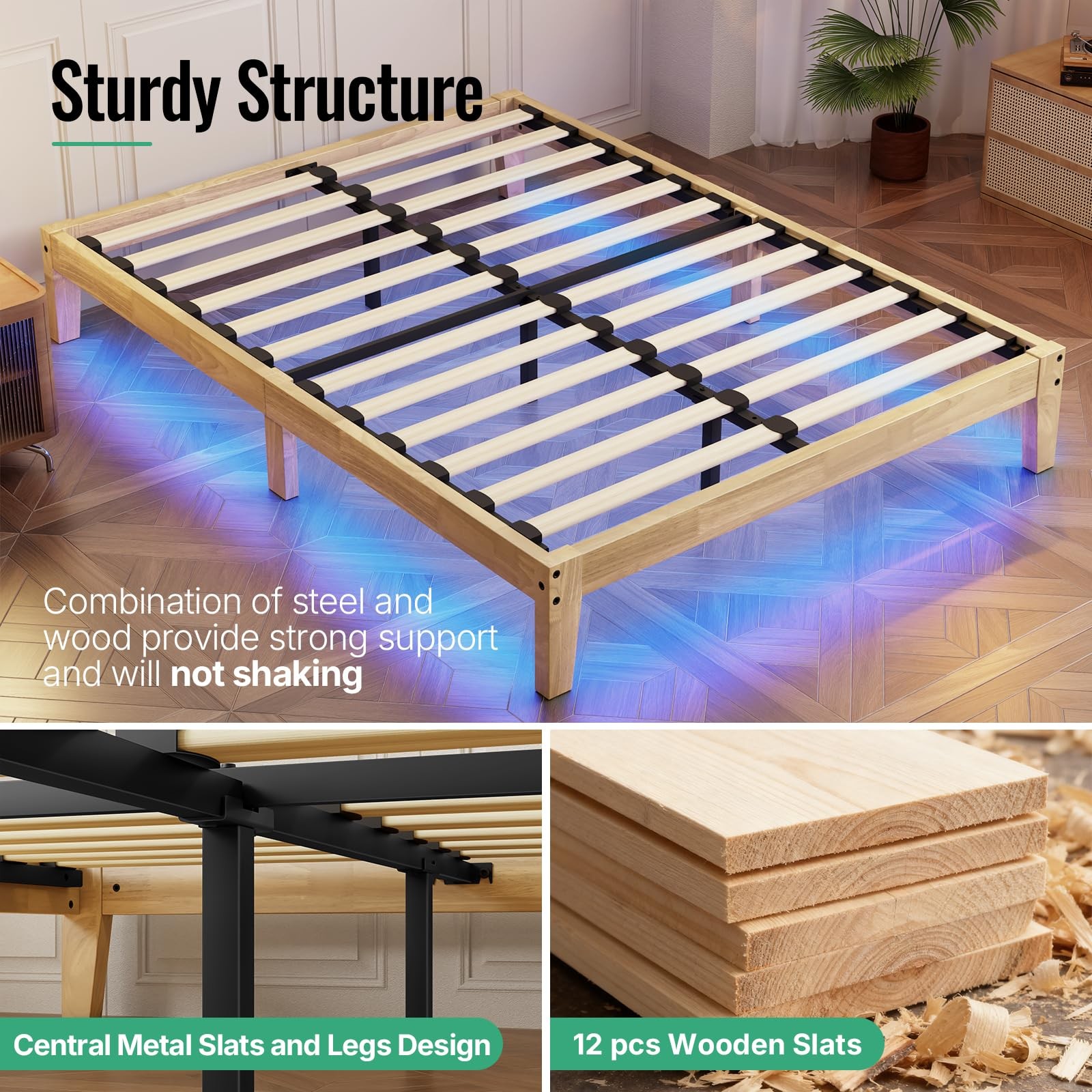Full Size Solid Wood Platform Bed with Led Light - Noise-Free Design with Met...