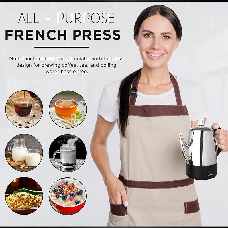 Electric 10 Cup Coffee Percolator Stainless Steel Keep Warm Function Easy Pour