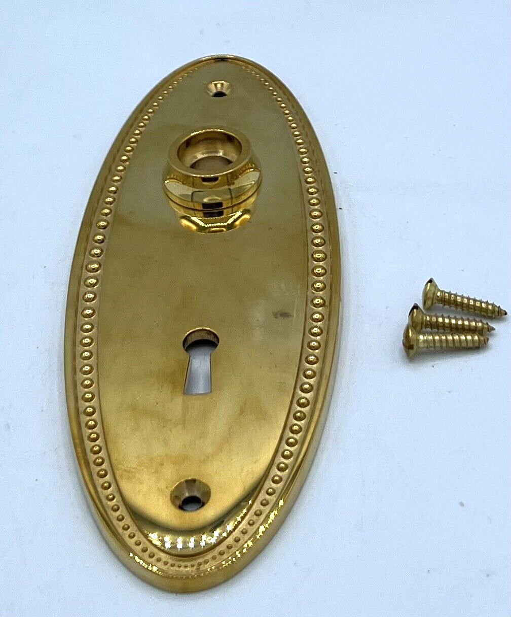 Rejuvenation Brass Beaded Oval Door Plate With Key Hole Unlacquered C9762