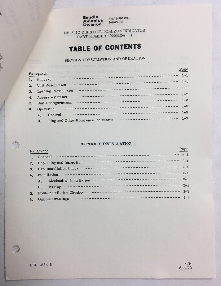 Bendix DH-841C Director Horizon Indicator Orginal Installation Manual