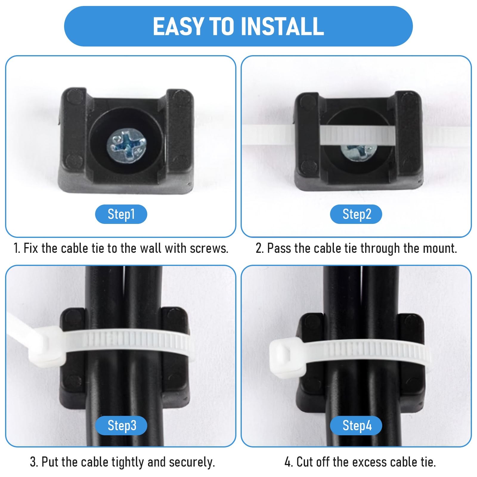 100PCS Cable Zip Tie Mounting Base Wire Holder Organizer With Screw Hole