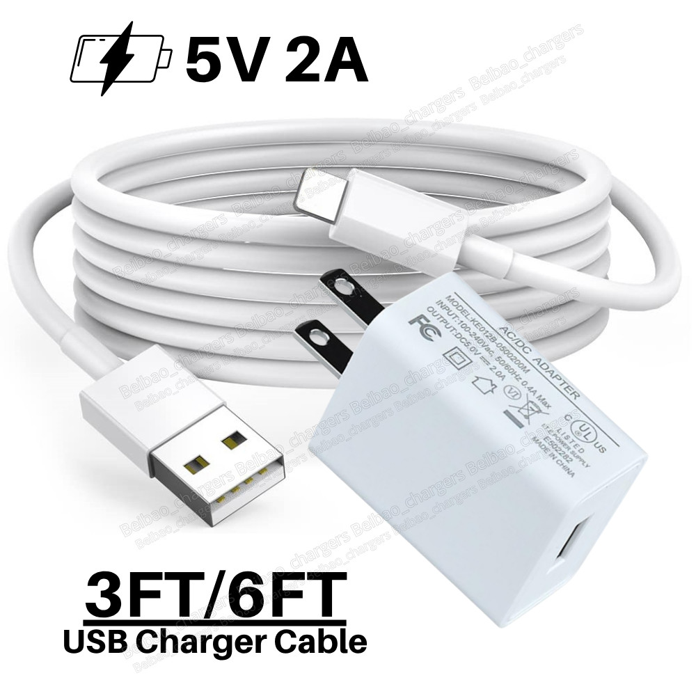 For iPhone 8 XR X 11 12 13 USB A 5V 2A Wall Charger Adapter Fast Charging Cable