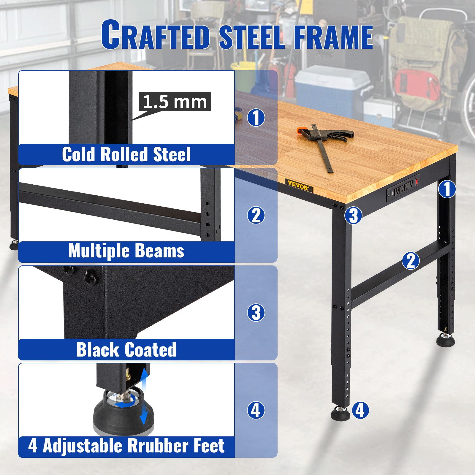 2000lbs Adjustable Workbench 48/61" L x 20" W Work Table with 28.3"-38.1" Height