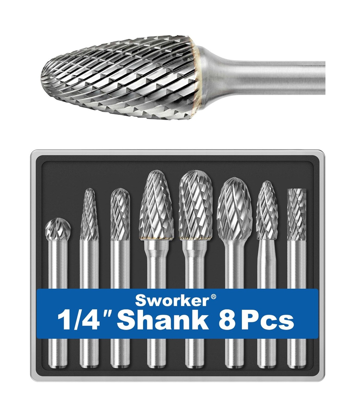 Sworker 8Pcs Carbide Burr Set 1/4 Shank w/Clear Box Max Head Di... FAST USA SHIP