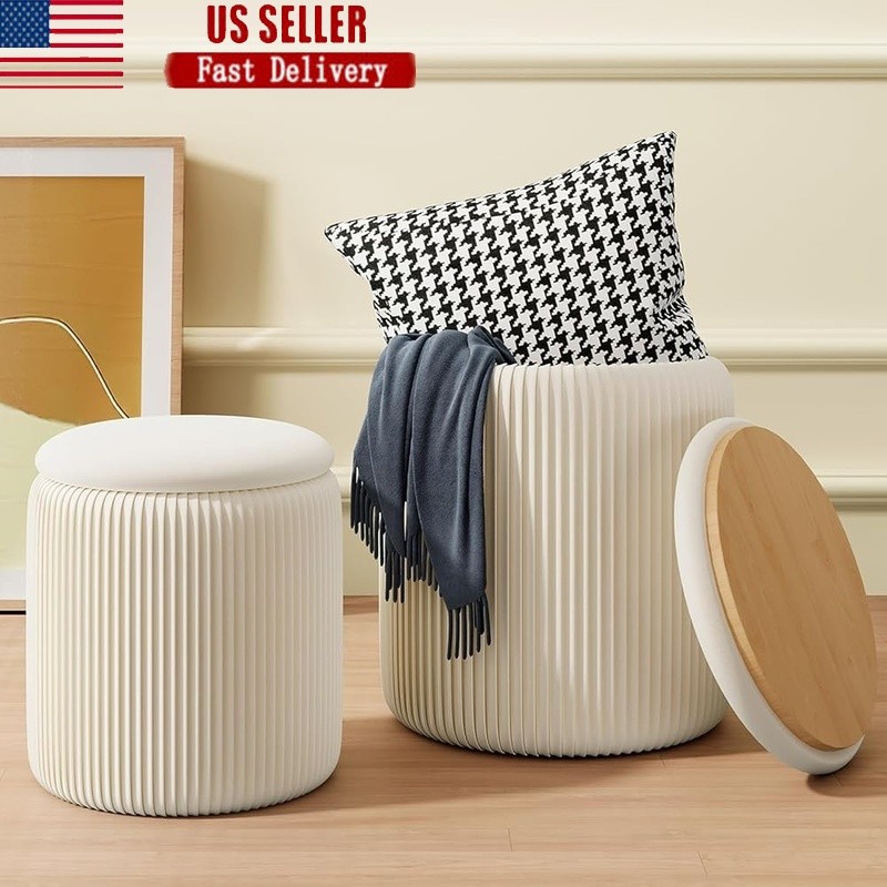Round Ottoman Storage Set of 2 Velvet Pouf Makeup Footstool Living Room New