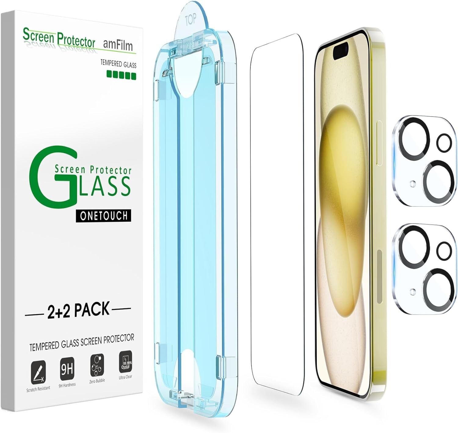 (2+2pack) amFilm for iPhone 15 -OneTouch Glass Screen & Lens Protector 6.1"
