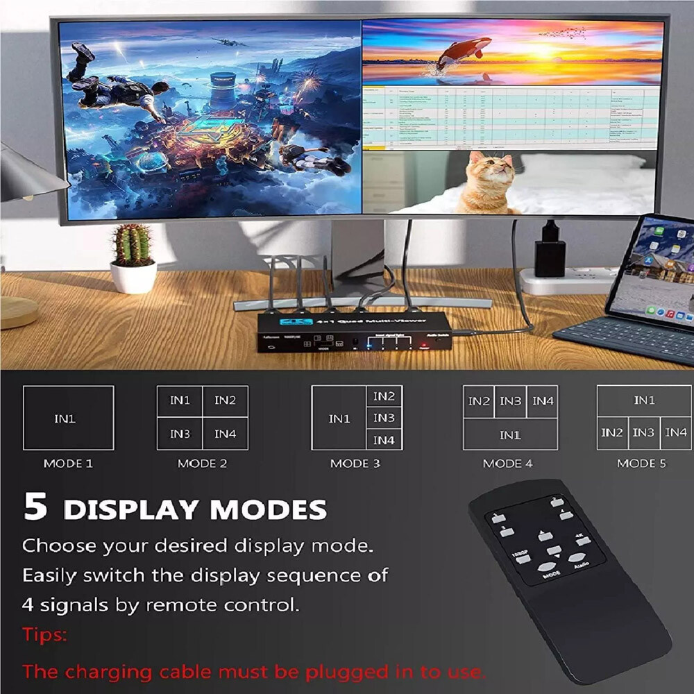 Multi-Viewer 4K HDMI 4x1 1080P Seamless Quad Screen Real Time Remote Splitter US
