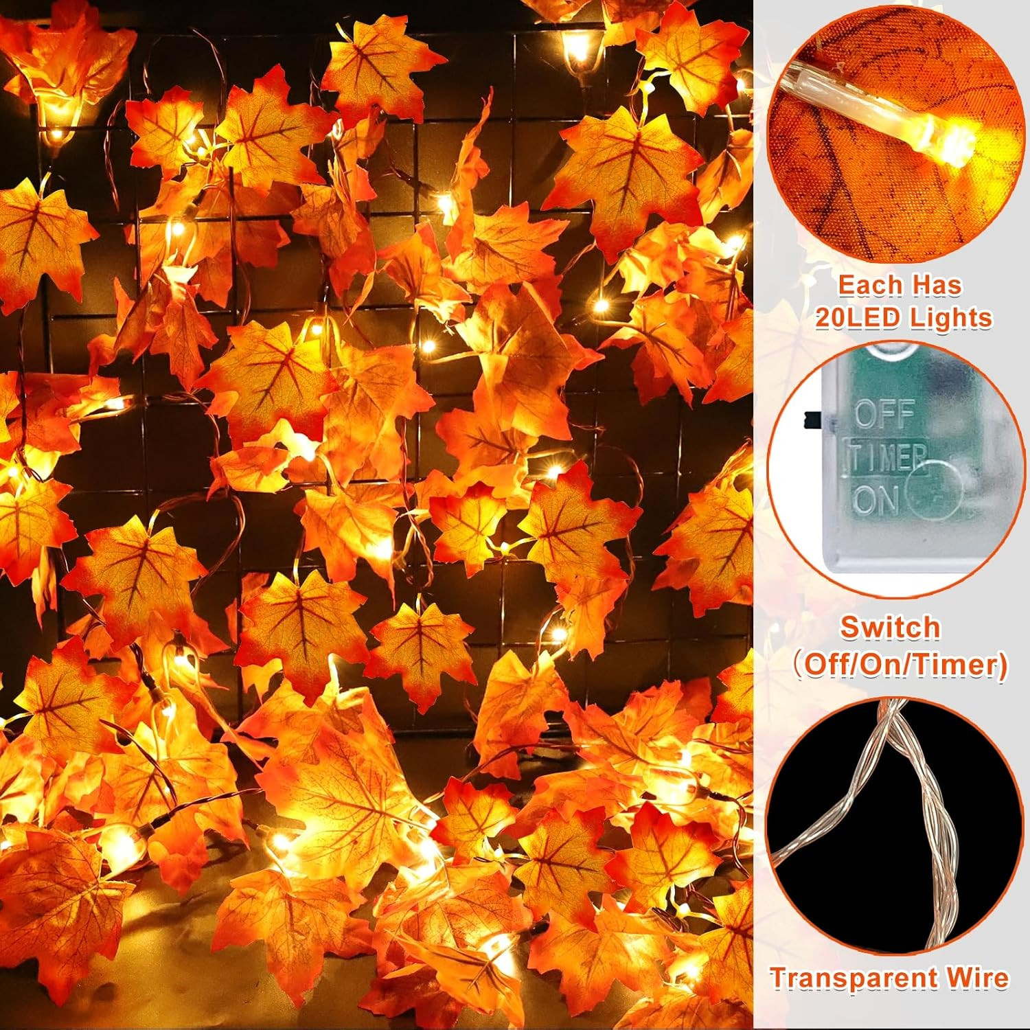 Timer & 3 Pack - 30Ft Fall Garland Halloween Fall Decorations for Home 60 LED Le