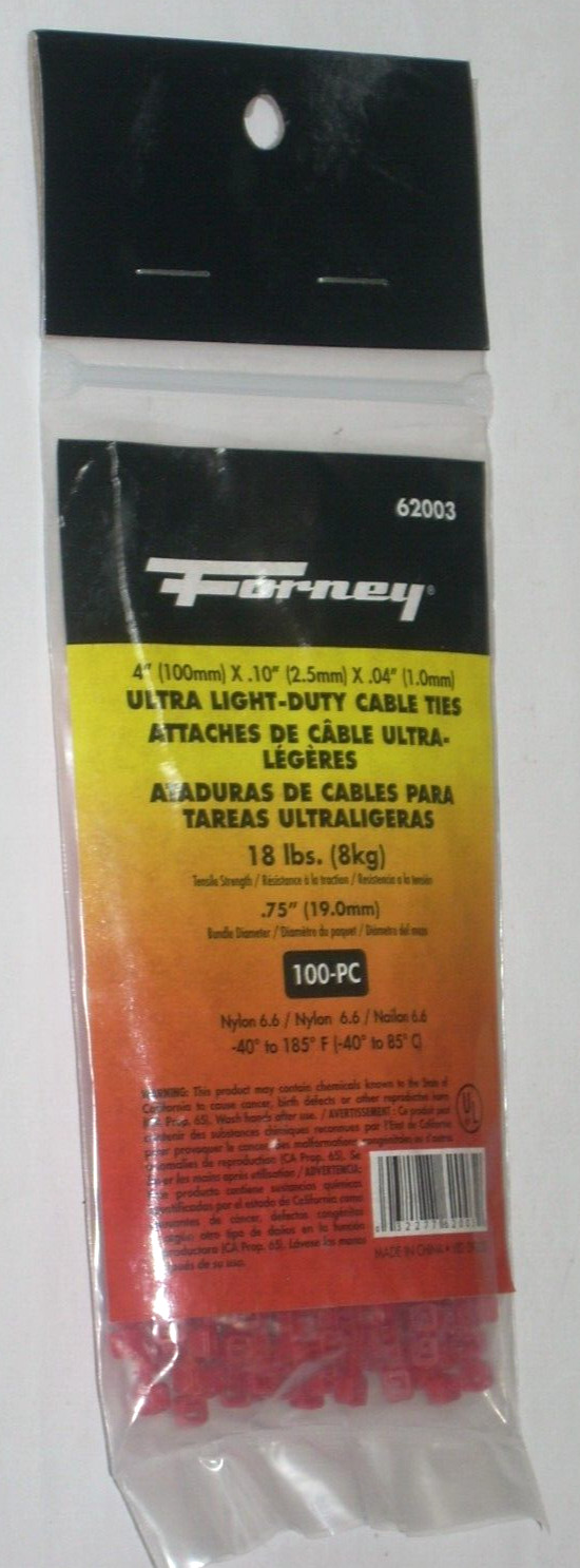 Forney 62003 Ultra Light 4" Red Cable Ties Nylon 18 lb w .75 Bundle Cap 100pk