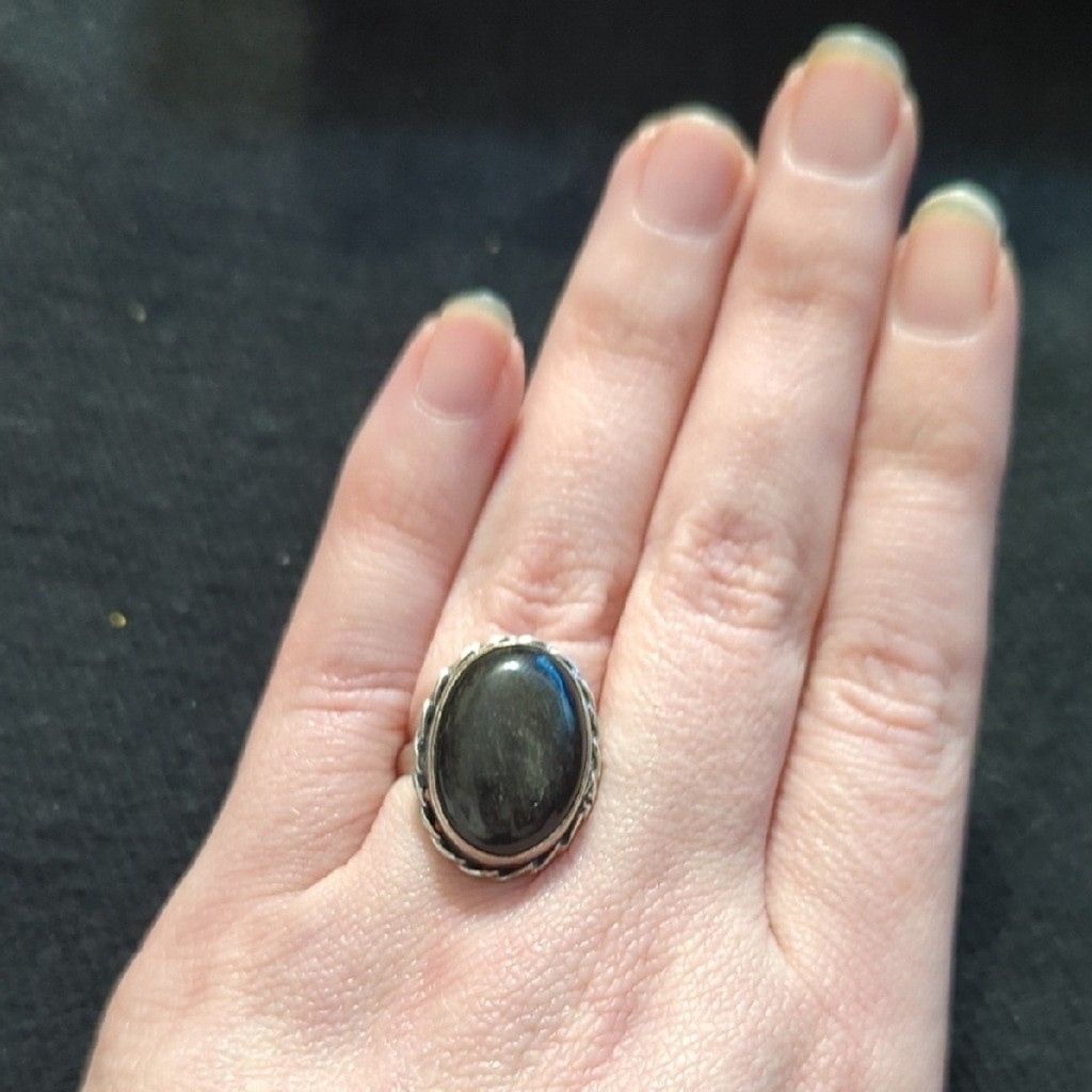 Silver Plated Black Moonstone Gemstone Oval Statement Ring - Size 6